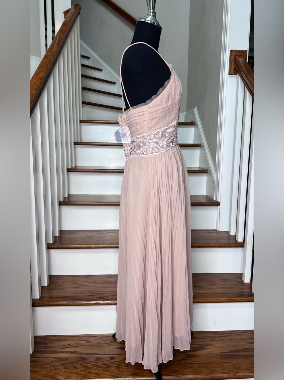REISS Blush Pink Pleated Midi Dress Lace Waist Silk Look Chiffon US 6 - Picture 4 of 11